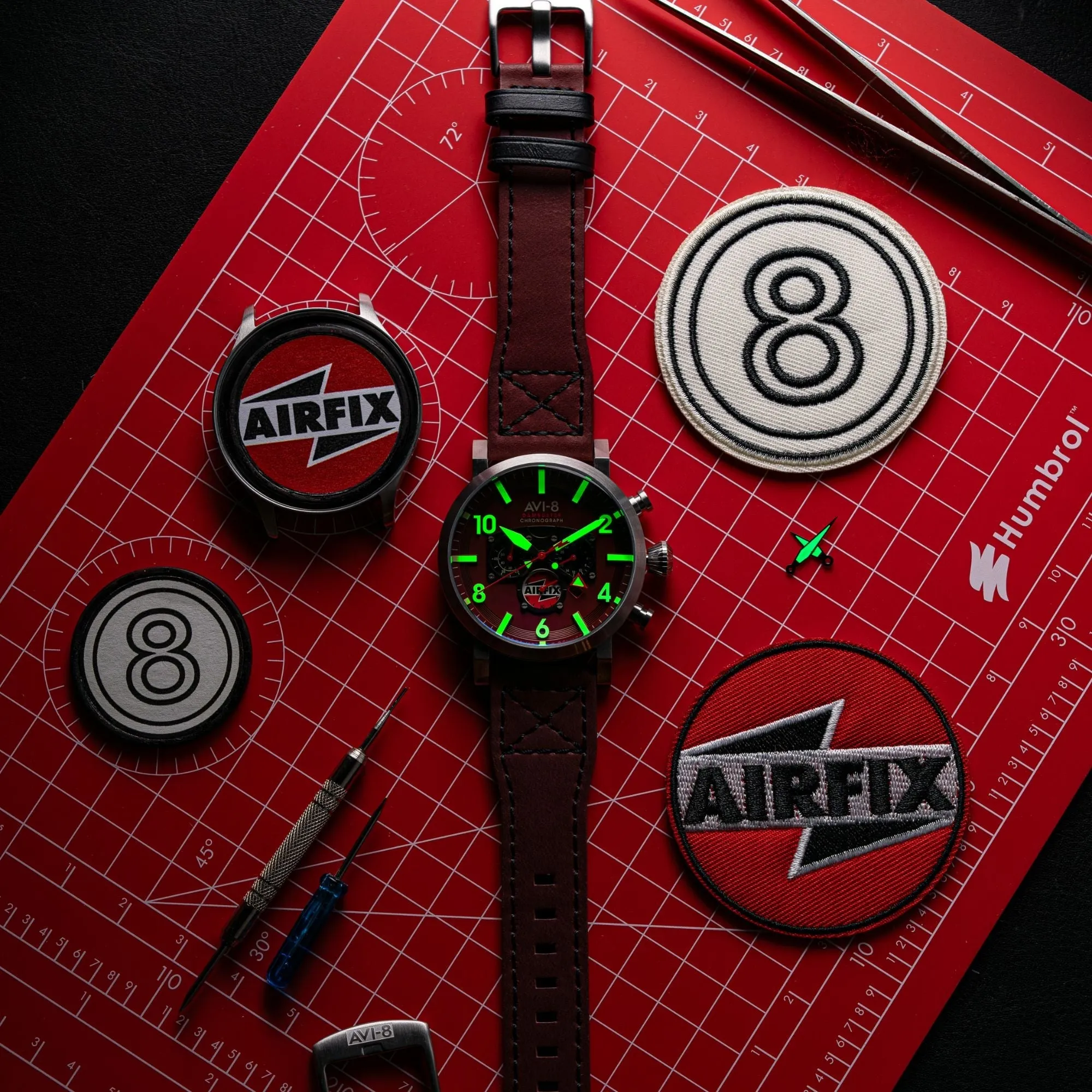 AVI-8 Dambuster Gibson Dual Time Chronograph - Airfix Edition Hazard Red Men's Watch AV-4107-04