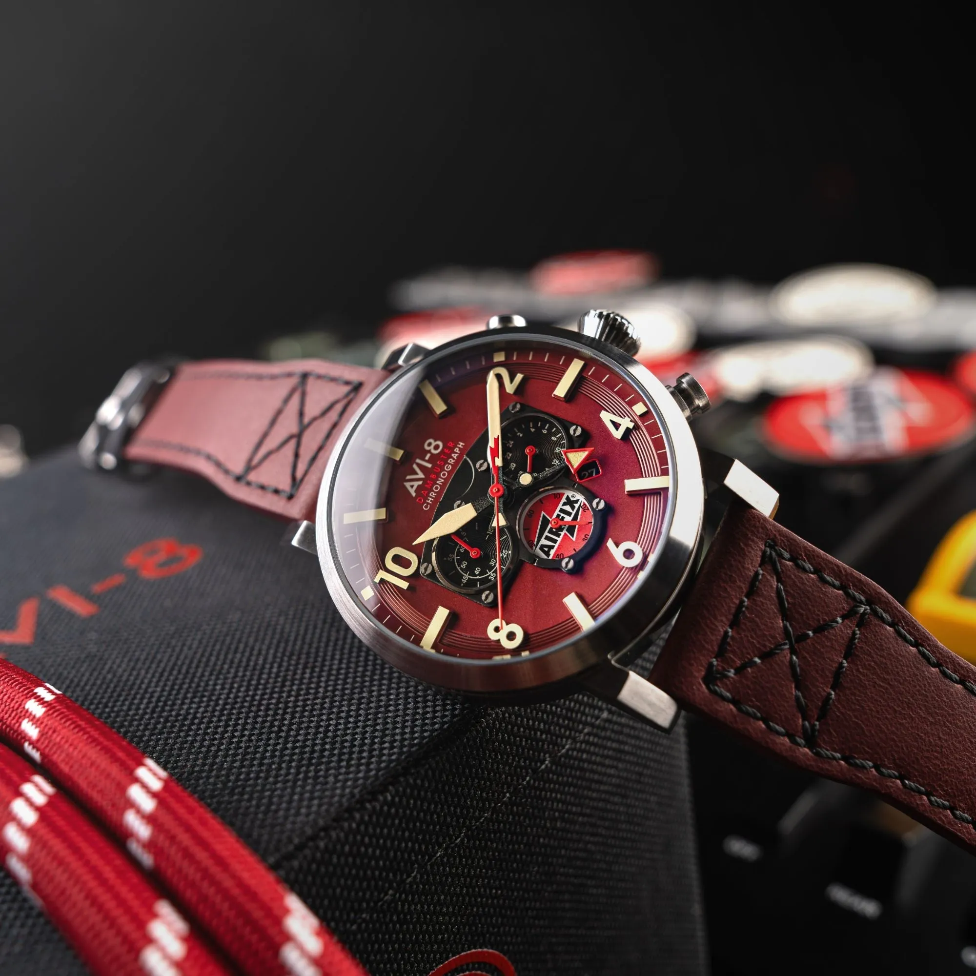 AVI-8 Dambuster Gibson Dual Time Chronograph - Airfix Edition Hazard Red Men's Watch AV-4107-04