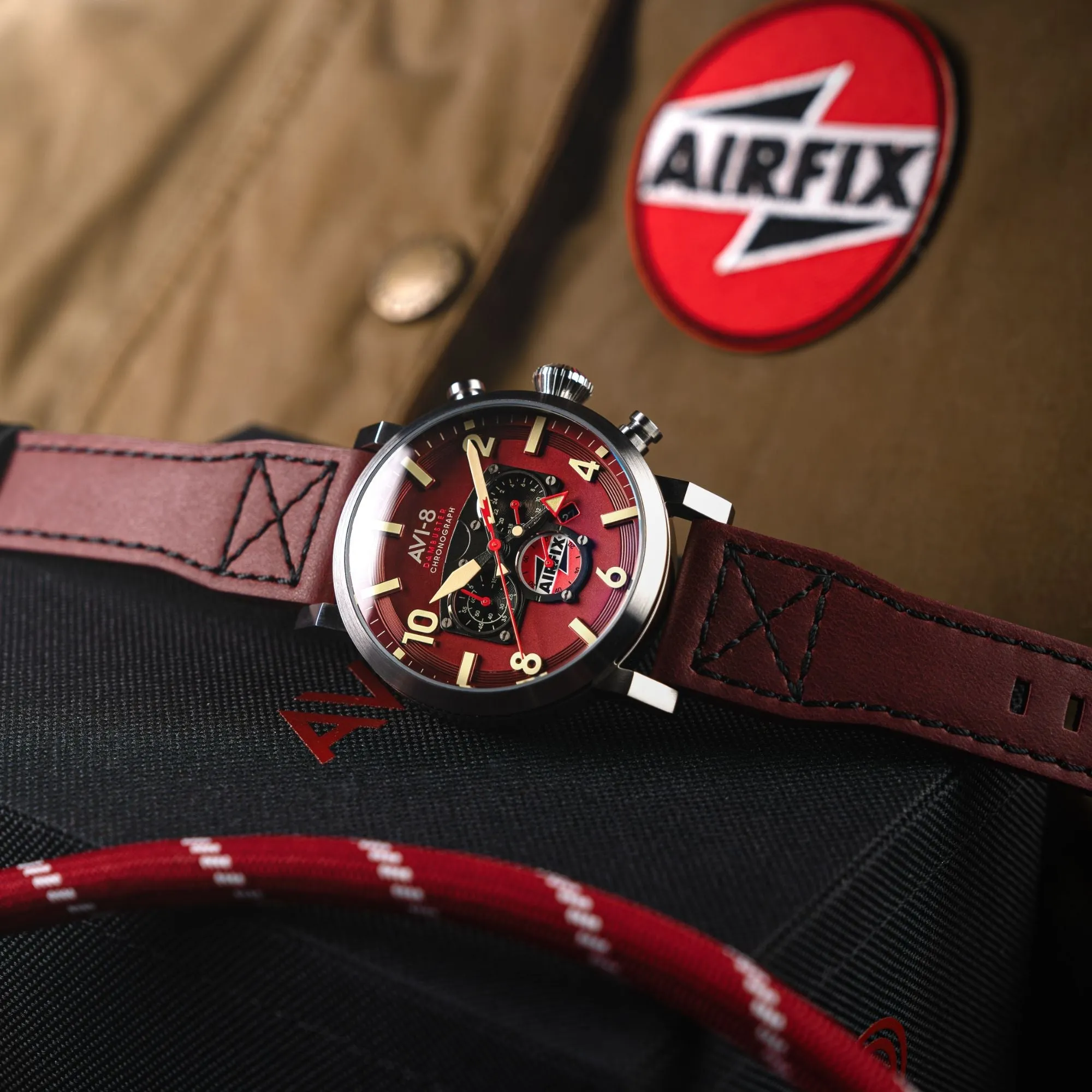 AVI-8 Dambuster Gibson Dual Time Chronograph - Airfix Edition Hazard Red Men's Watch AV-4107-04