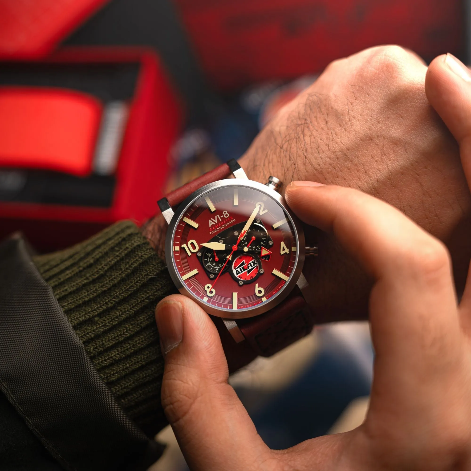 AVI-8 Dambuster Gibson Dual Time Chronograph - Airfix Edition Hazard Red Men's Watch AV-4107-04