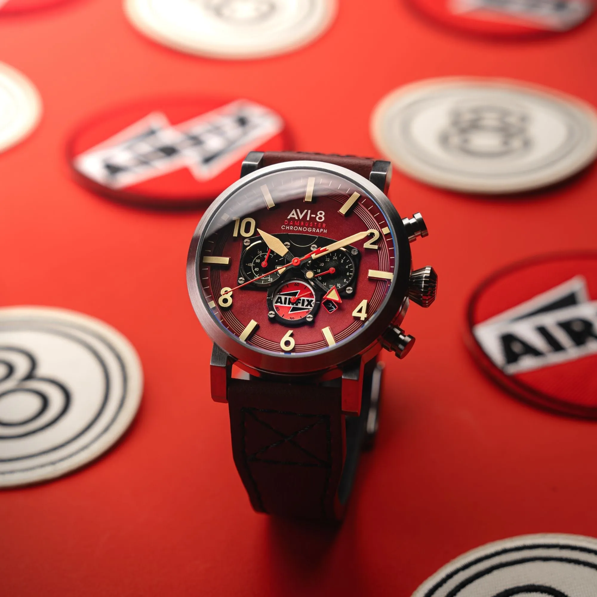 AVI-8 Dambuster Gibson Dual Time Chronograph - Airfix Edition Hazard Red Men's Watch AV-4107-04