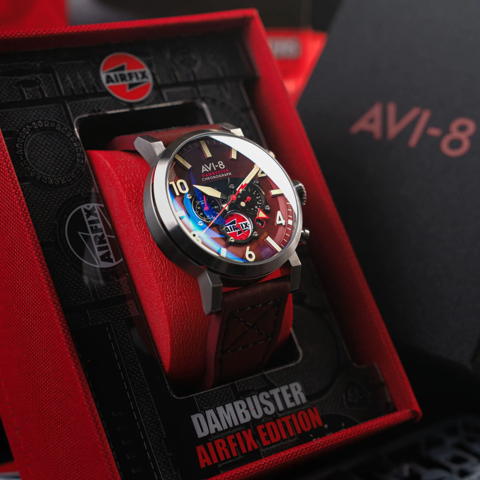 AVI-8 Dambuster Gibson Dual Time Chronograph - Airfix Edition Hazard Red Men's Watch AV-4107-04