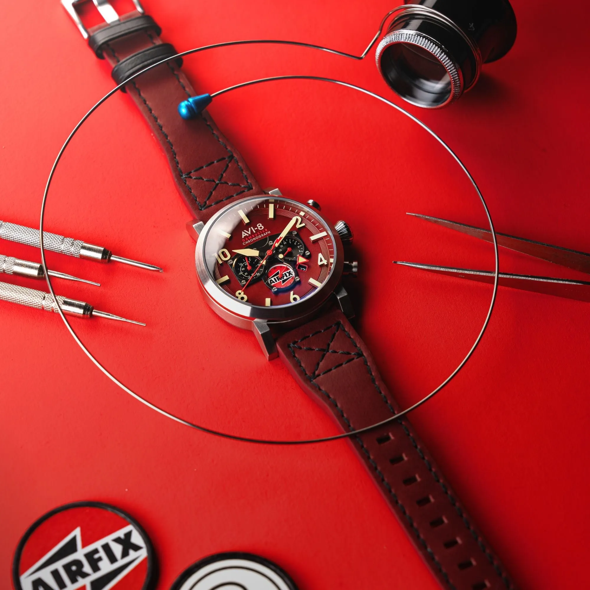 AVI-8 Dambuster Gibson Dual Time Chronograph - Airfix Edition Hazard Red Men's Watch AV-4107-04