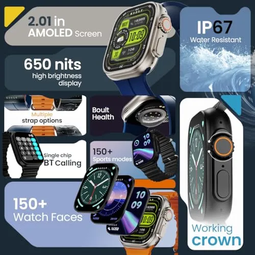 Boult Newly Launched Crown Pro Smart Watch 2.01'' AMOLED, BT Calling, Working Crown, AOD, Zinc Alloy Frame, 650 Nits Brightness, AI Voice Assistant, SpO2 Monitoring, 120  Sports Mode (Phantom Black)