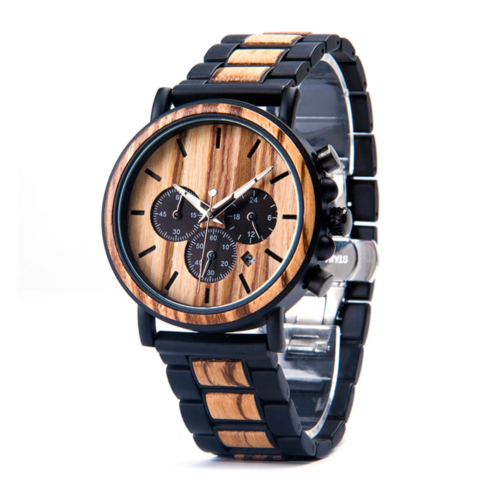 Brisbane - Black Steel & Zebrawood Chronograph