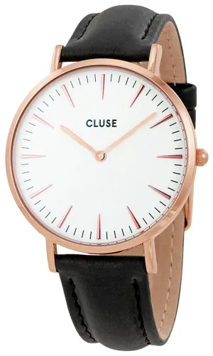 Cluse La Boheme Black Leather Rose Gold Plated Steel White Dial Womens Watch CL18008