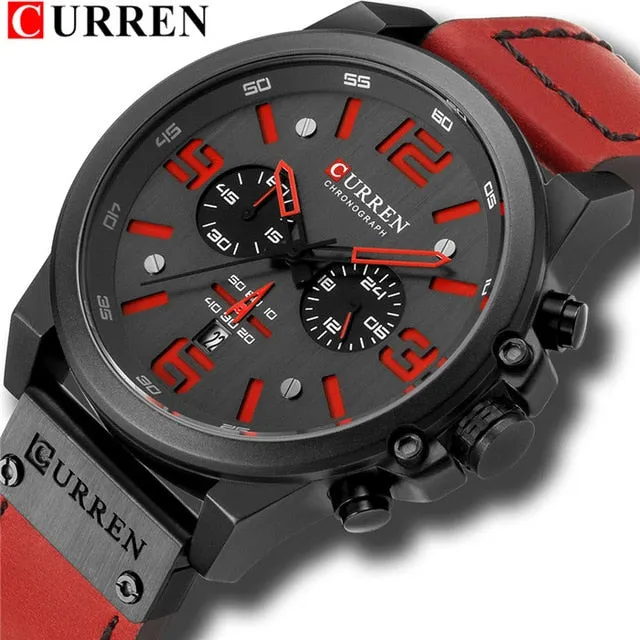 CURREN Mens Watches Top Luxury Brand Waterproof Sport Wrist Watch Chronograph Quartz Military Genuine Leather Relogio Masculino