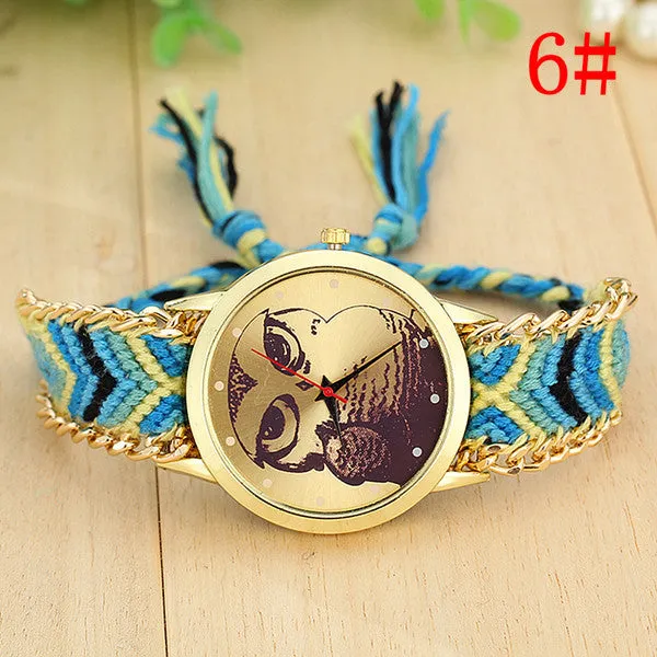 Fashion Handmade Braided Owl Friendship Bracelet Rope Watch Women Quartz Wristwatches