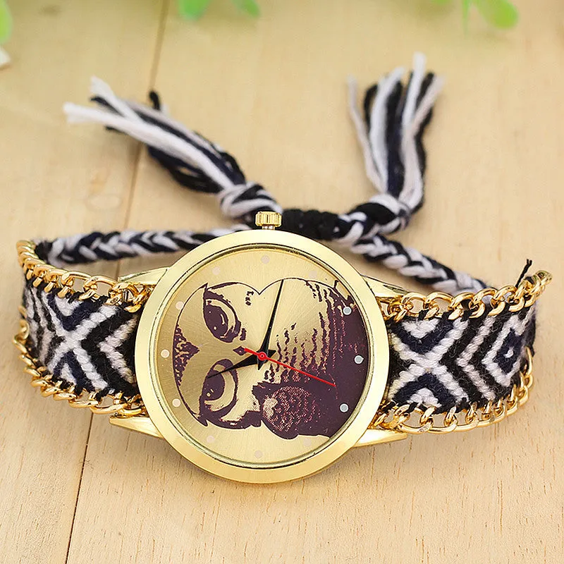 Fashion Handmade Braided Owl Friendship Bracelet Rope Watch Women Quartz Wristwatches