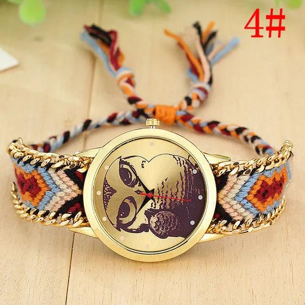 Fashion Handmade Braided Owl Friendship Bracelet Rope Watch Women Quartz Wristwatches