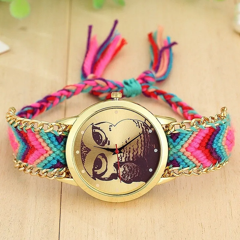 Fashion Handmade Braided Owl Friendship Bracelet Rope Watch Women Quartz Wristwatches