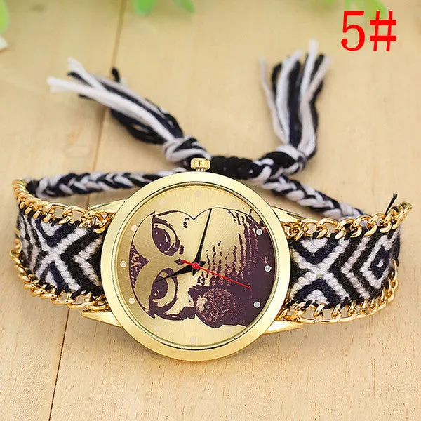 Fashion Handmade Braided Owl Friendship Bracelet Rope Watch Women Quartz Wristwatches