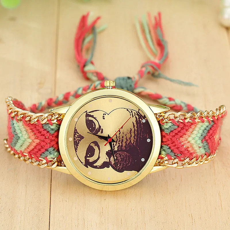 Fashion Handmade Braided Owl Friendship Bracelet Rope Watch Women Quartz Wristwatches