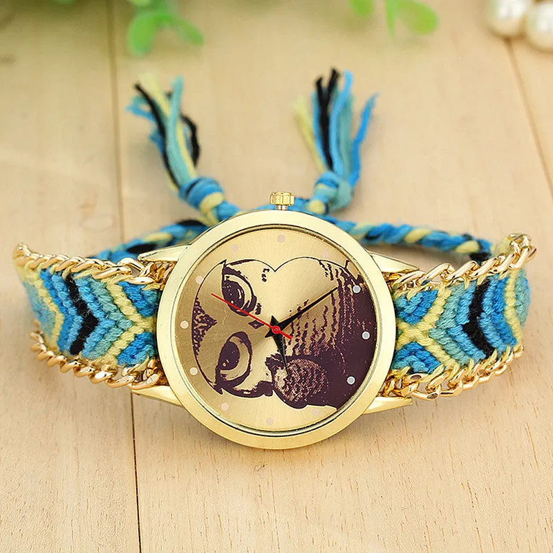 Fashion Handmade Braided Owl Friendship Bracelet Rope Watch Women Quartz Wristwatches