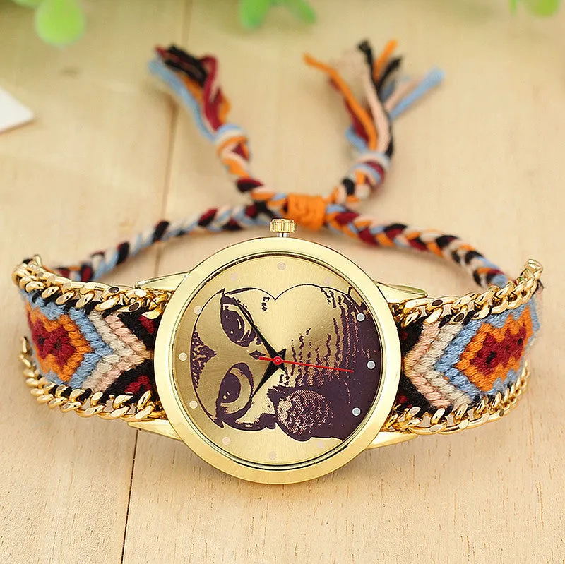 Fashion Handmade Braided Owl Friendship Bracelet Rope Watch Women Quartz Wristwatches