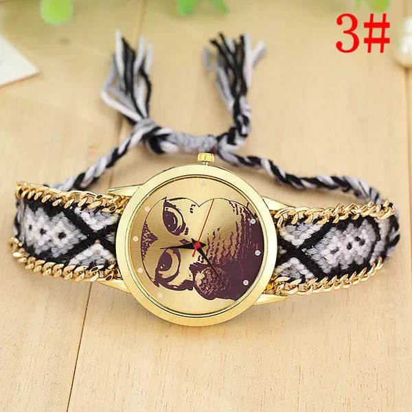 Fashion Handmade Braided Owl Friendship Bracelet Rope Watch Women Quartz Wristwatches