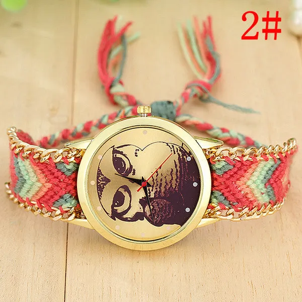 Fashion Handmade Braided Owl Friendship Bracelet Rope Watch Women Quartz Wristwatches