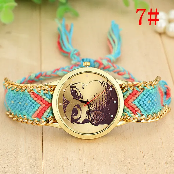 Fashion Handmade Braided Owl Friendship Bracelet Rope Watch Women Quartz Wristwatches