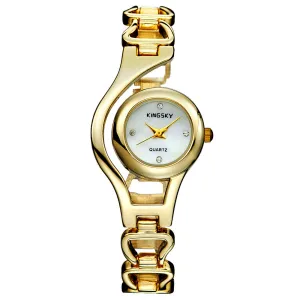 Fashion Unique Design Quartz Watch Women Luxury Gold Plating Bracelet Bling Brass Dial Analog Display Dress Rhinestone Watches