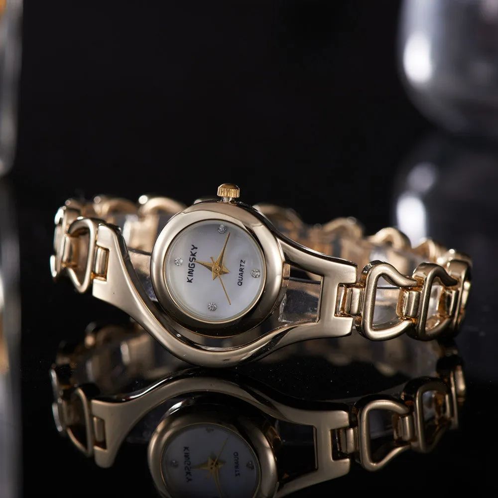 Fashion Unique Design Quartz Watch Women Luxury Gold Plating Bracelet Bling Brass Dial Analog Display Dress Rhinestone Watches