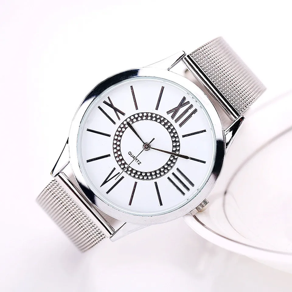 Fashion Watch Women Dress Watches Silver Steel Strap Analog Display Quartz Watch Women's Wristwatch Clock Female