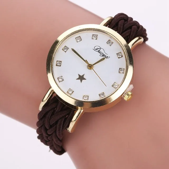 Fashion Weave Leather Watches Women Gold Rhinestone Wristwatch Casual Ladies Bracelet Watch Women Dress Quartz Watch Gift DY069