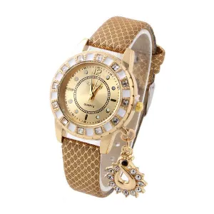 Fashion Wristwatch Swan Pendant Quartz Watch Crystal hours gold Leather Strap Rhinestone watches