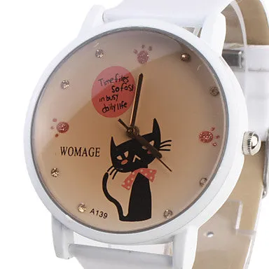 Girl's Cartoon Cat Pattern White PU Band Quartz Analog Wrist Watch