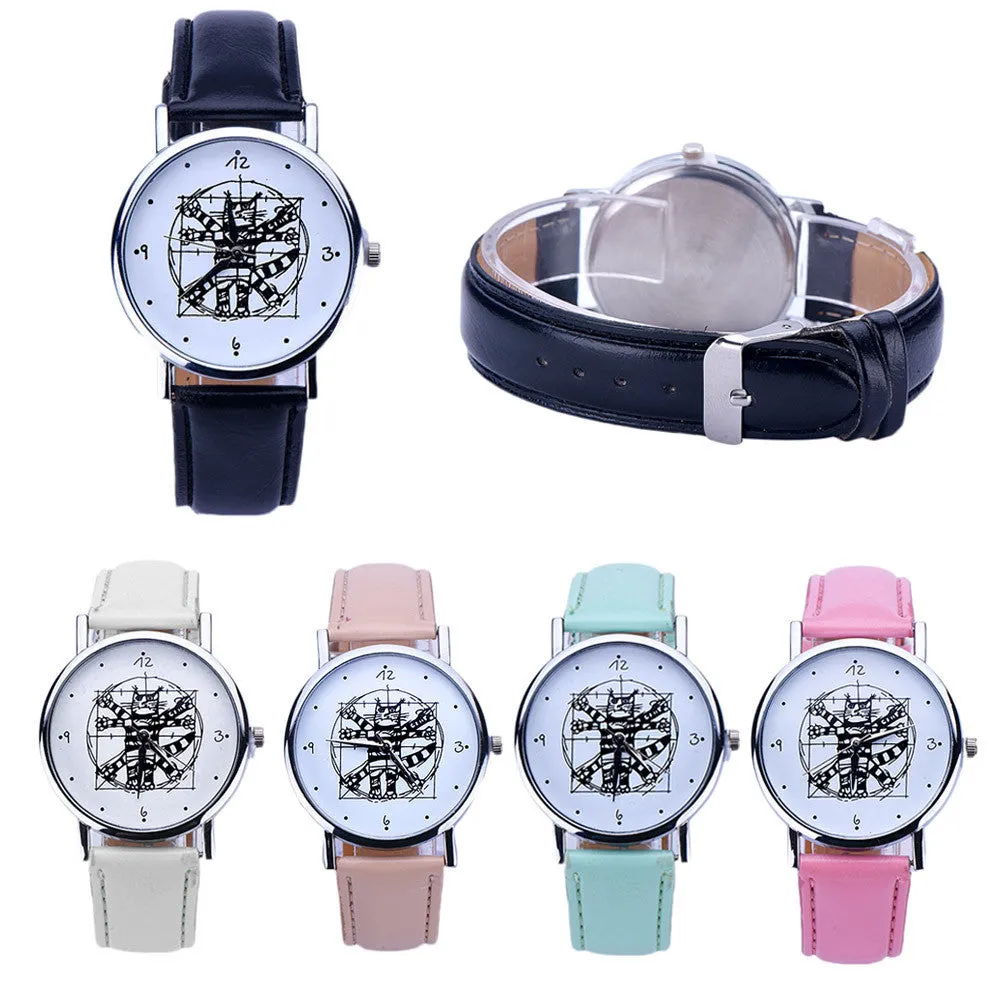 Girls Cute Watch Women Leather Analog Quartz Wrist Watch Bracelet Hour Boy Girl Cat Printed Montre Best Gift