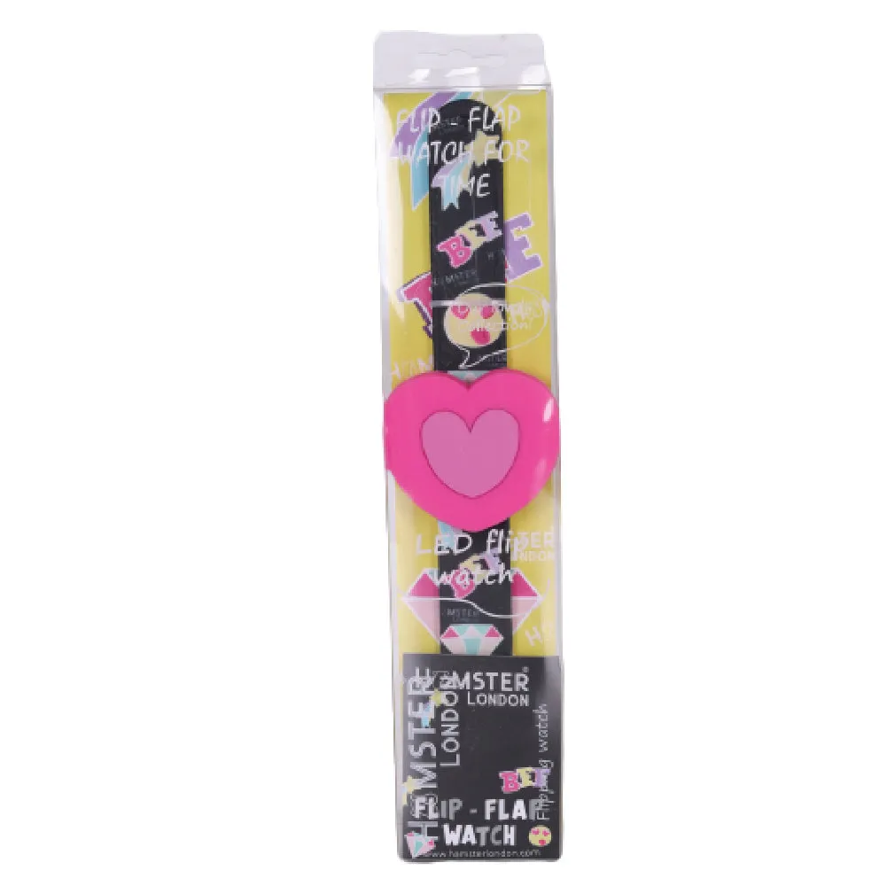 Hamster London Printed Slap Band Flip Wrist Watch Heart Black