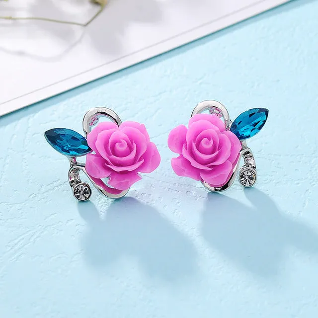 Hot 5 colors optional fashion crystal flower earring Exquisite quality classic gold-color rose earrings creative gifts