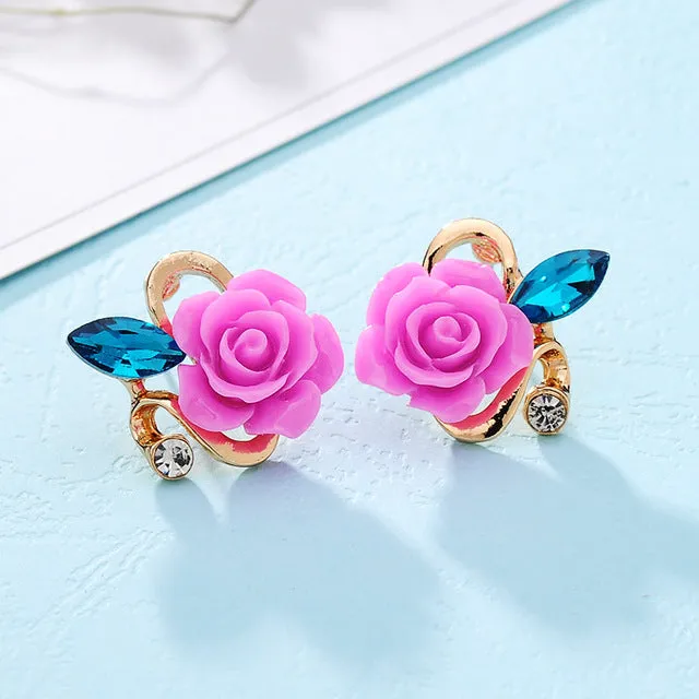 Hot 5 colors optional fashion crystal flower earring Exquisite quality classic gold-color rose earrings creative gifts