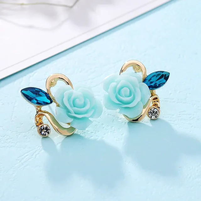 Hot 5 colors optional fashion crystal flower earring Exquisite quality classic gold-color rose earrings creative gifts