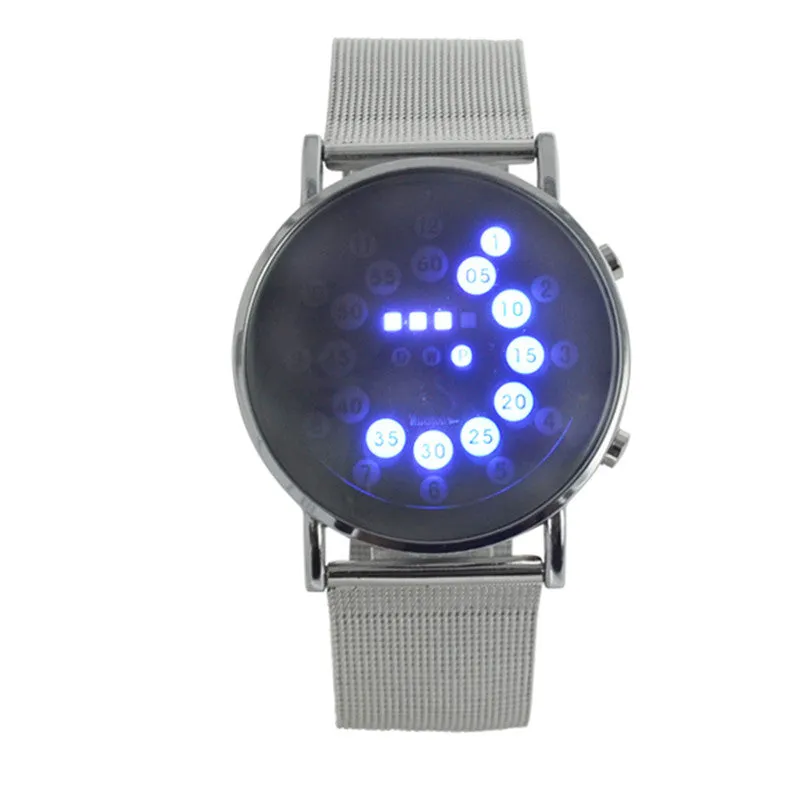 Hot mens sports blue&multi-led lights ball display silver mesh stainless steel band digital Week Date women wrist led watch