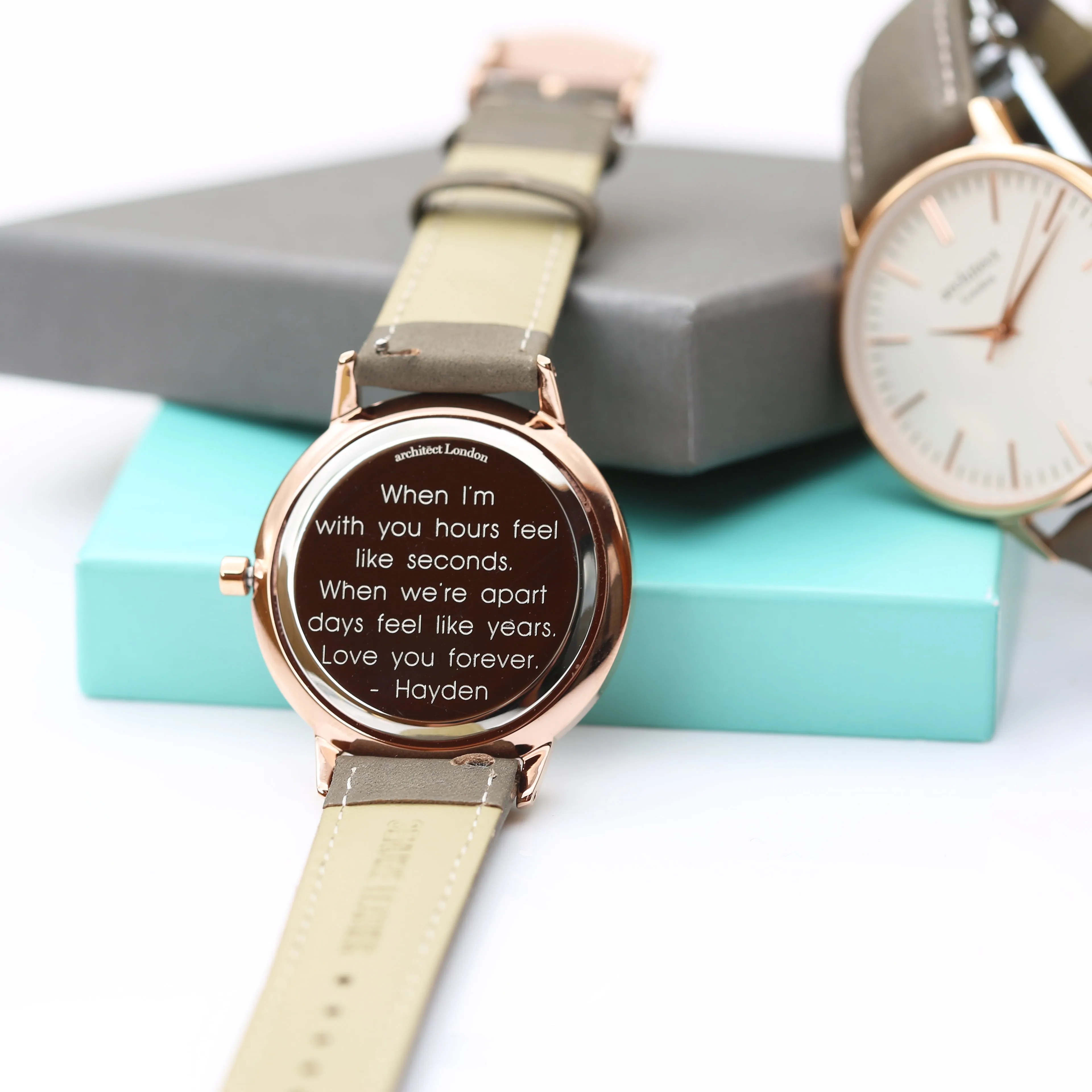 Ladies Archiect Blanc - Modern Font Engraving, Light Grey Strap