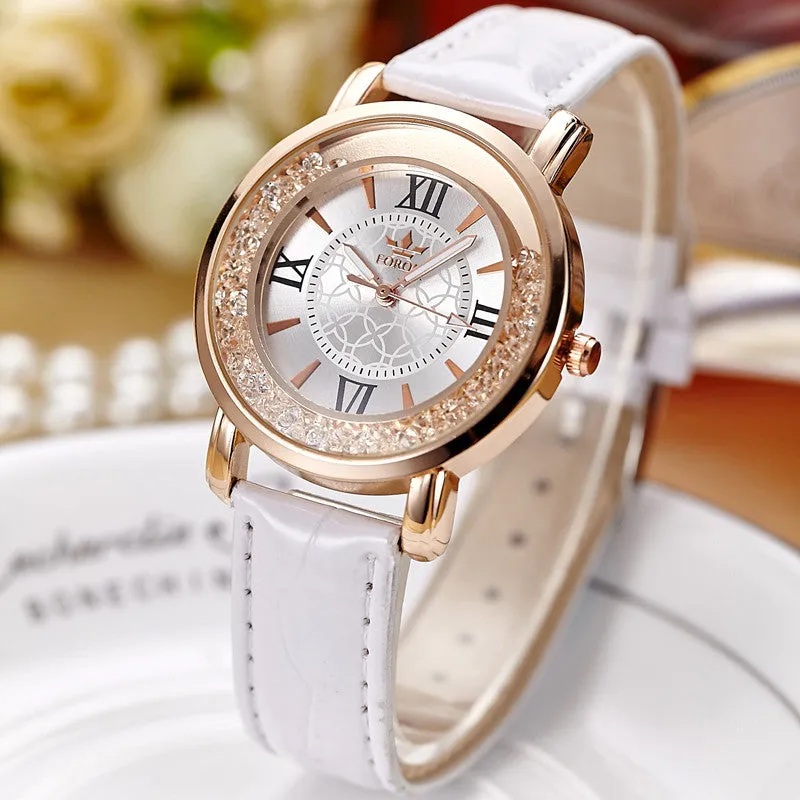 Ladies Fashion Quartz Watch Women Rhinestone Leather Casual Dress Watches Rose Gold Crystal