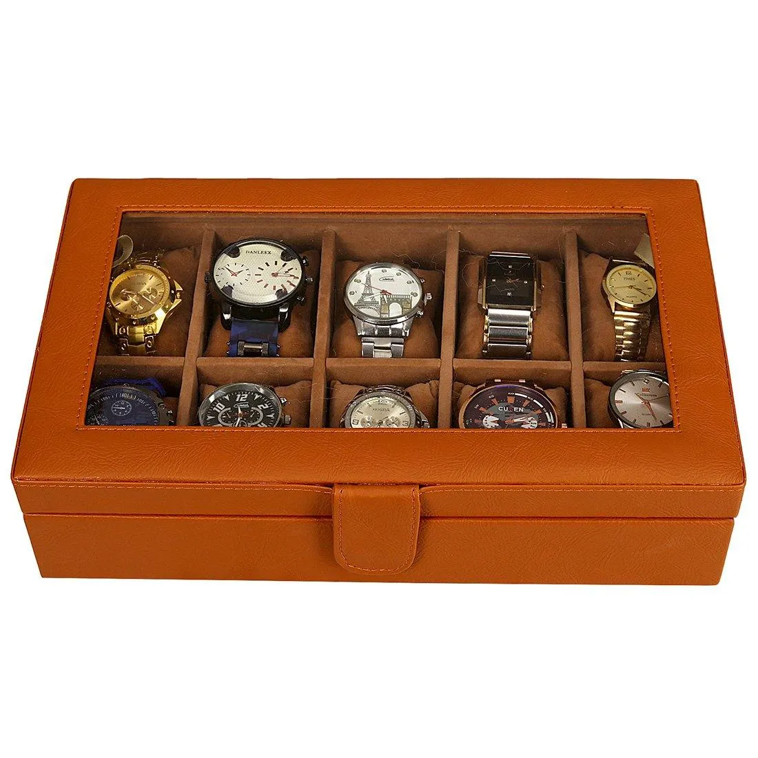 Leather World 10 Slots Elegant Watch Box With Viewing Window