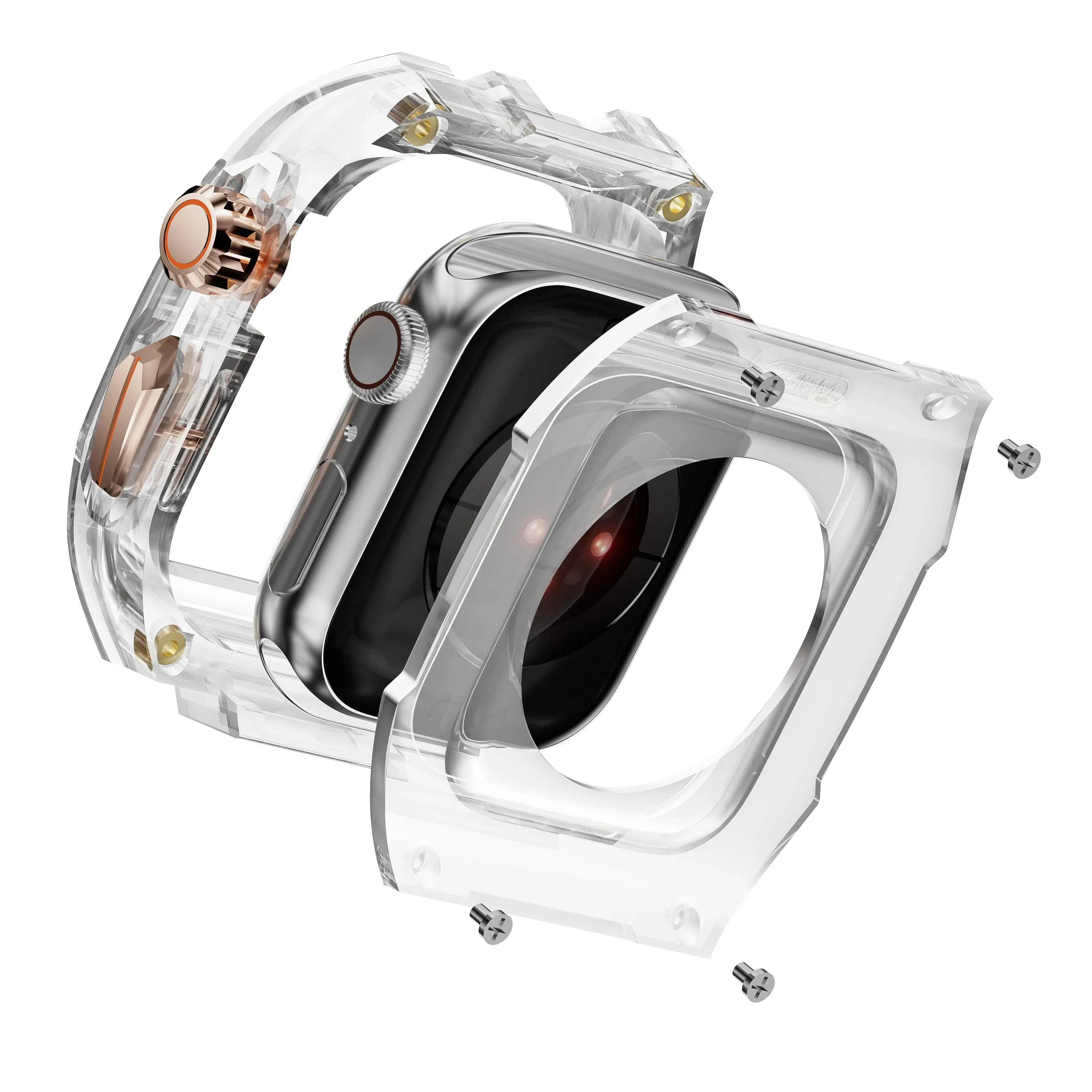 Luxury Modified Strap for Apple Watch Series 9-4 - Transparent Case with Integrated TPU Band, Fits 40/41mm, 44/45mm, and 49mm