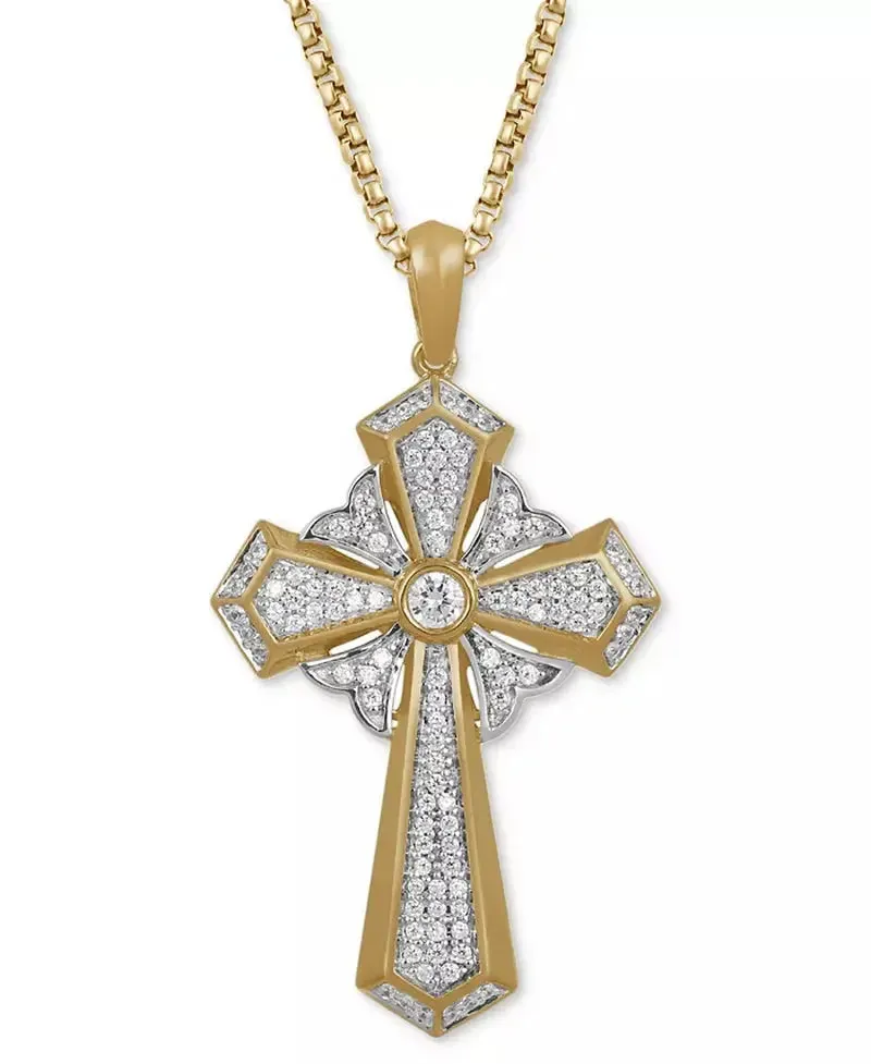 Men'S Diamond Cross 22" Pendant Necklace (1/2 Ct. T.W.) in Sterling Silver & 18K Gold-Plated Sterling Silver