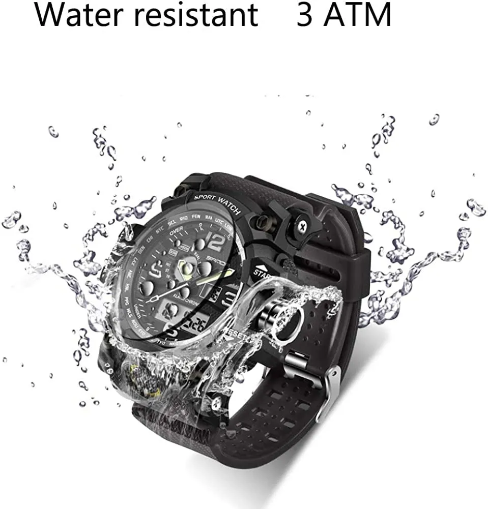 Men's Dual-Display Waterproof Sports Digital Watch with Alarm