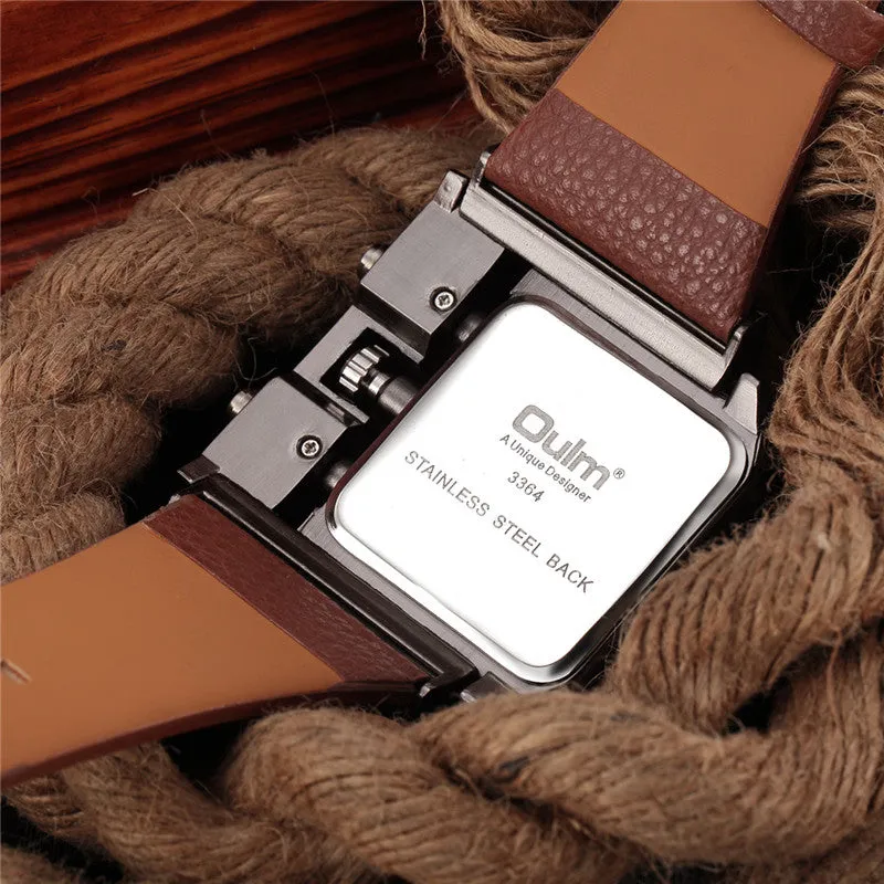 Men's Wrist Watches Luxury Design Oulm Quartz Watch Men Square Dial Leather Strap Male Military Antique Clock