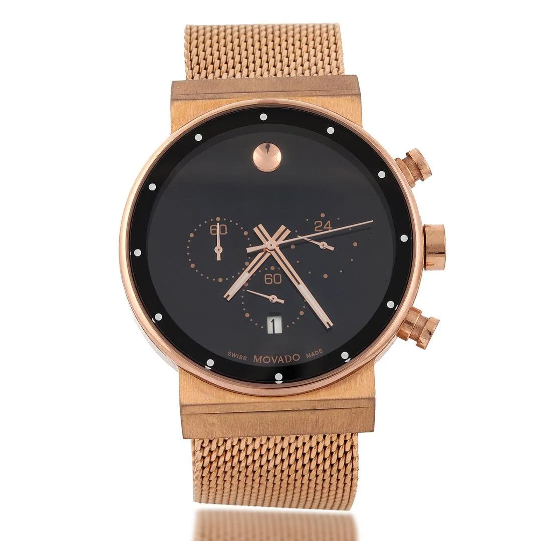 Movado Museum Classic Rose Gold Watch With Black Dial, Rose Gold Accents And Rose Gold Straps