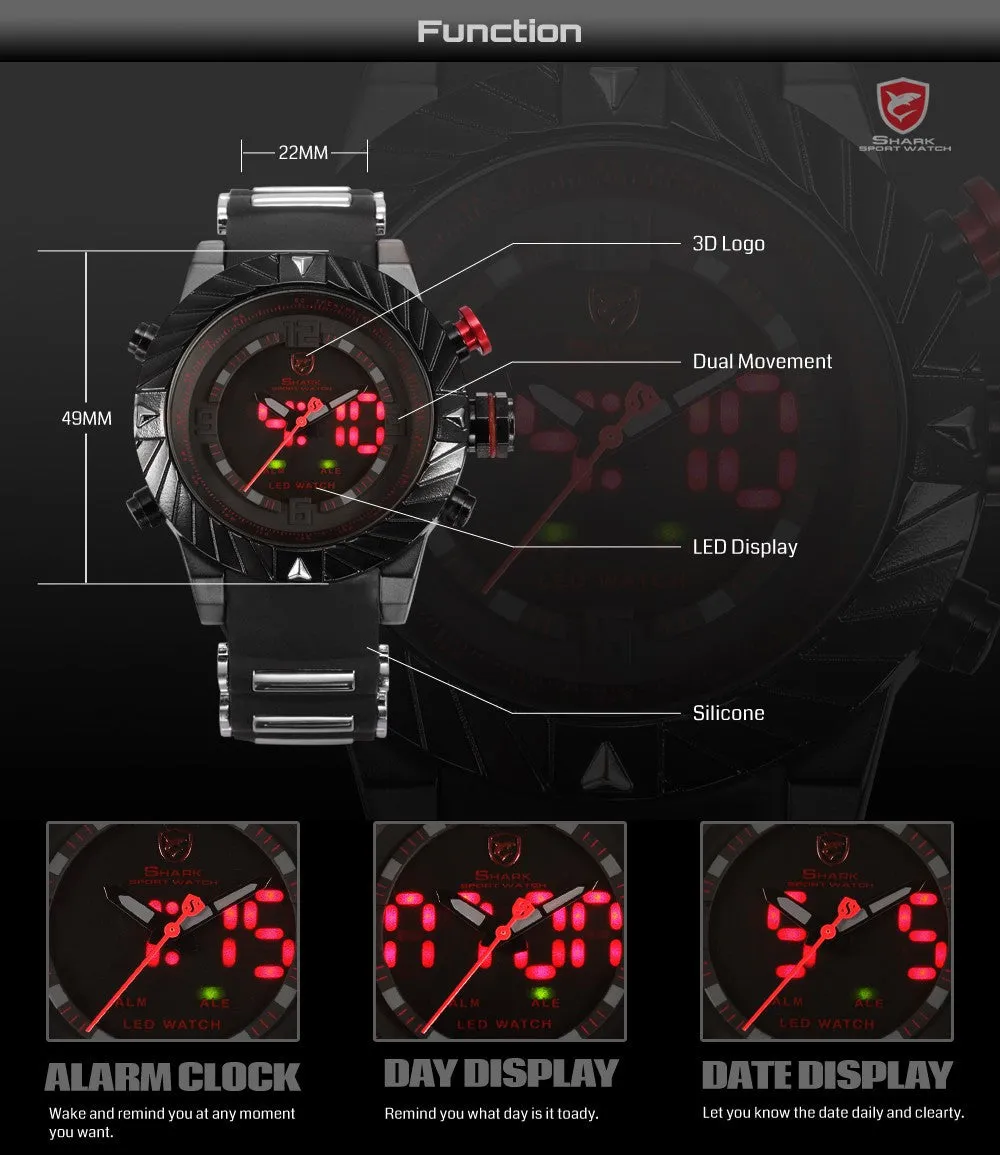 New Brand Shark Sport Watch Tooth Racing 3ATM Digital Waterproof Silicone Strap Black Red Fashion Men Casual Wristwatch