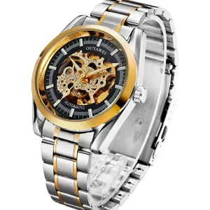 New Fashion Watch Luxury Brand Golden Black Dial Moon Phase Round Shape Stainless Steel Case Men Self-Wind Skeleton Watch Male