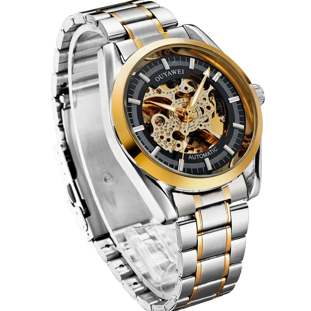 New Fashion Watch Luxury Brand Golden Black Dial Moon Phase Round Shape Stainless Steel Case Men Self-Wind Skeleton Watch Male