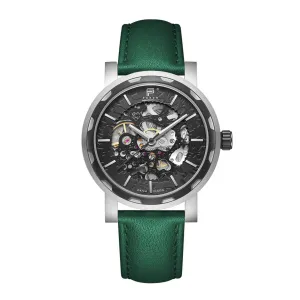 PUNCH Mens Watch, Black & Silver Skeleton Automatic Watch - Green Leather Strap