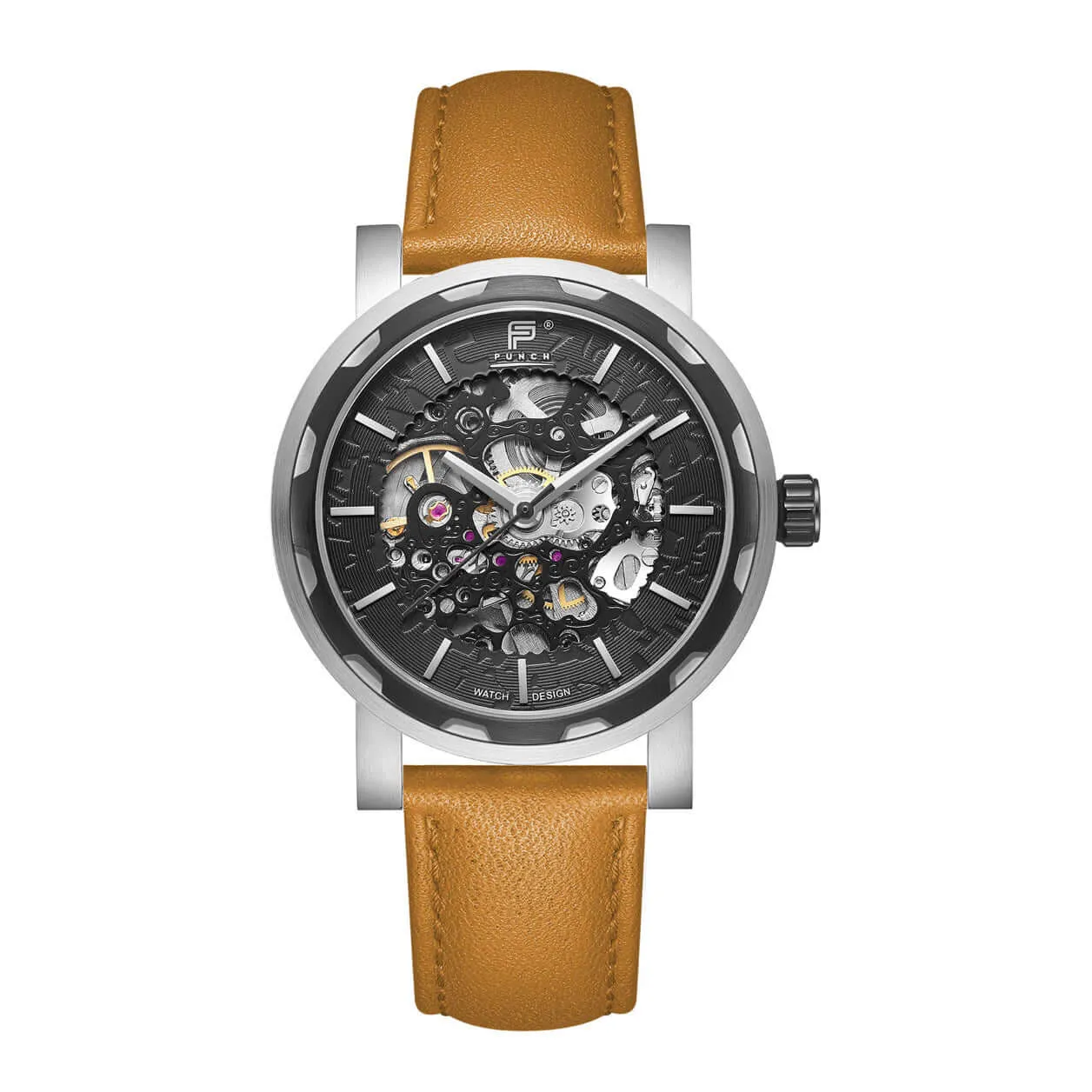 PUNCH Mens Watch, Black & Silver Skeleton Automatic Watch - Tan Leather Strap