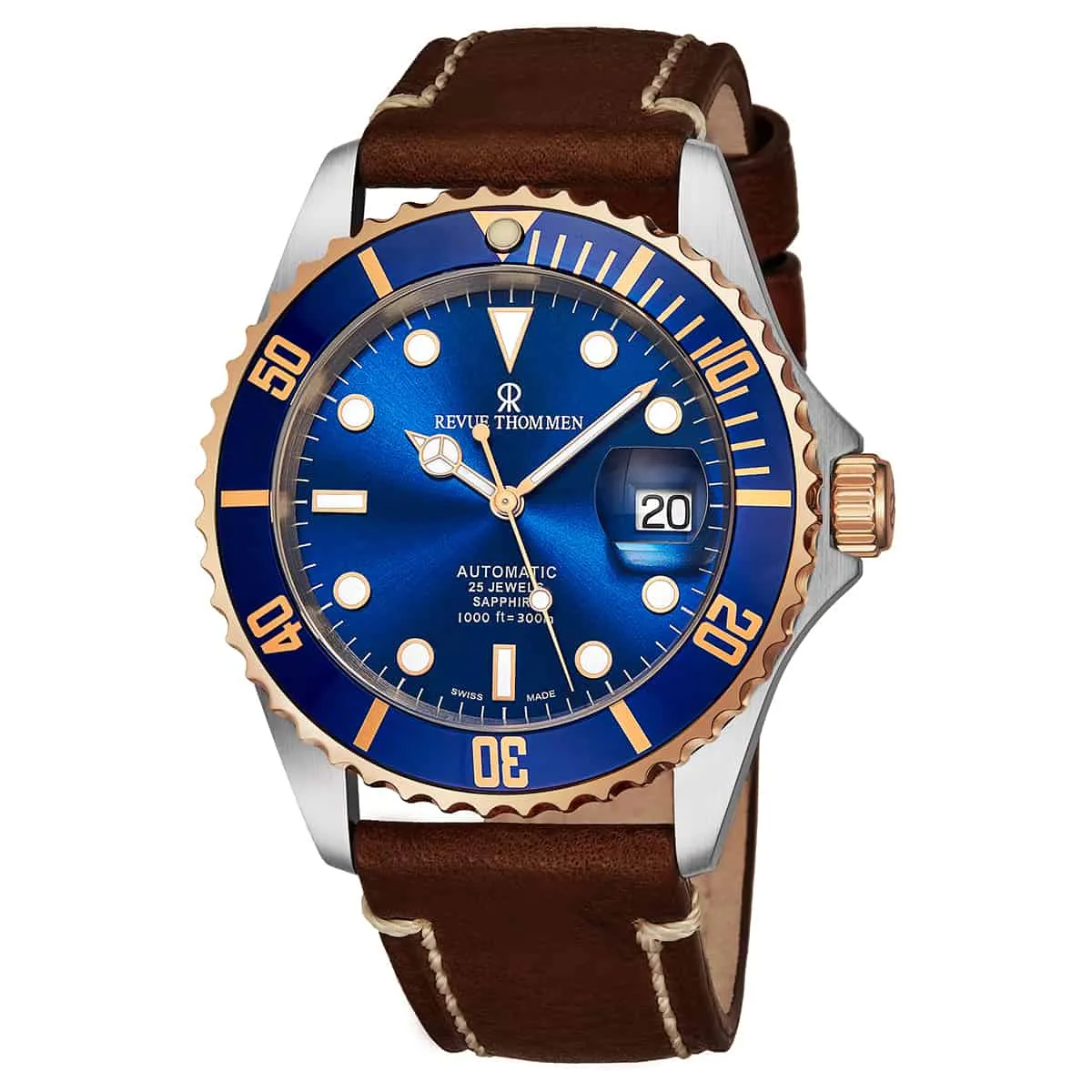 Revue Thommen 17571.2555 'Diver' Blue Dial Brown Leather Strap Date Automatic Watch