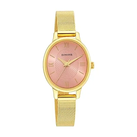 Sonata Classic Gold Women's Watch, Pink Dial Metal Strap, 8179YM02