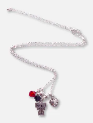 Texas Tech Red Raiders Texas Tech Double T Heart & Crystal Charm Silver Necklace